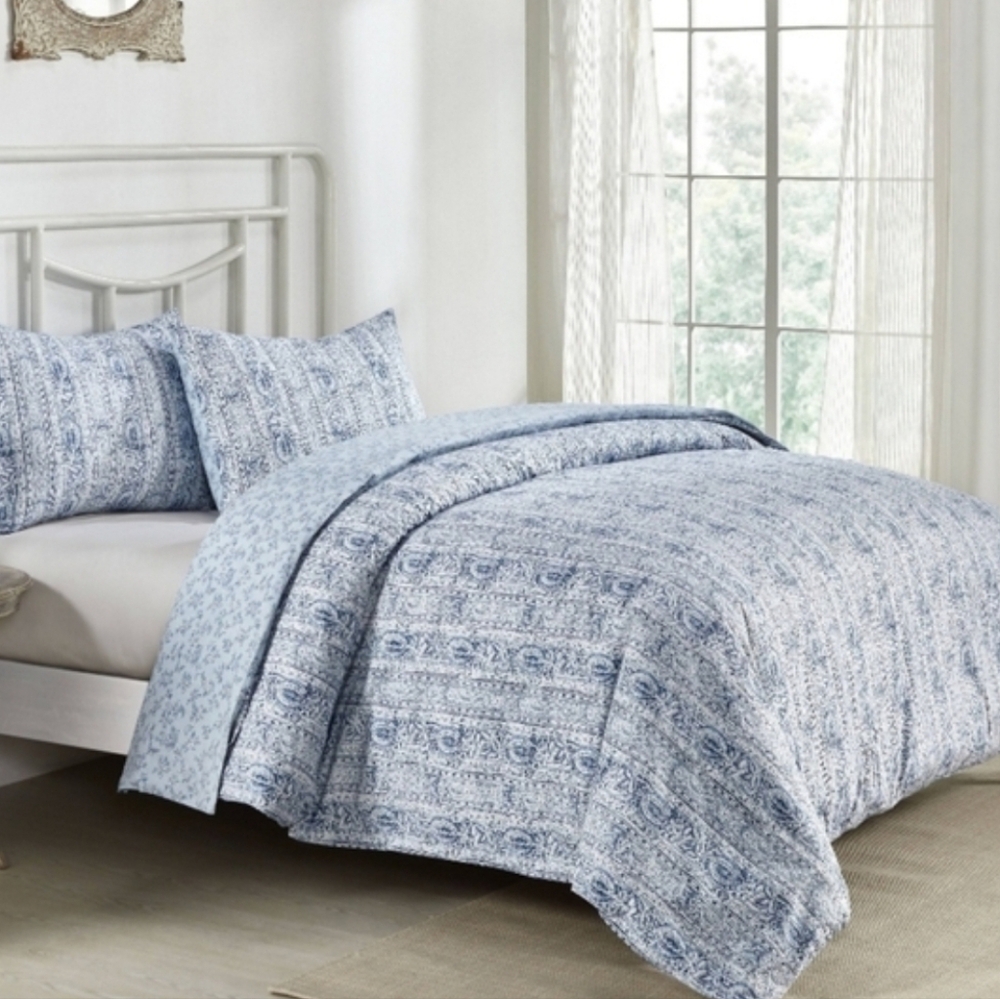 Simply Shabby Chic Duvet Set Indigo Batik Stripe Floral Blue 2 Pc TWIN Size NEW
